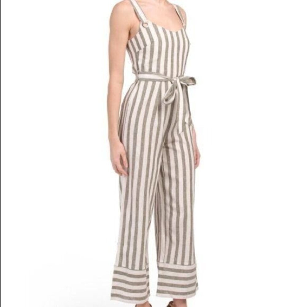 Japna Beige and White Striped Linen Jumpsuit with Tie Waist